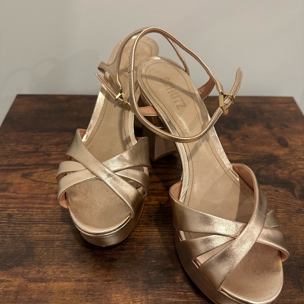 SCHUTZ Gold Strappy Heels with Block Heel. Worn once.
